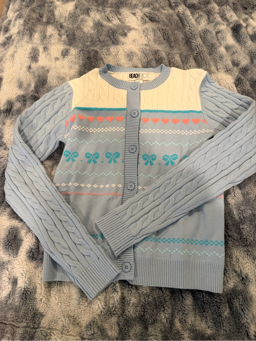 Beach Riot- Cable-Knit Button Cardigan Sweater - Light Blue / Cream